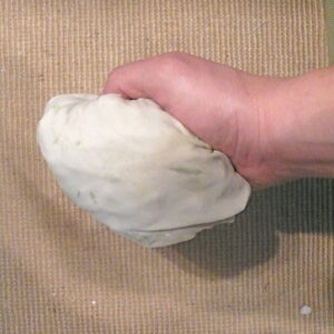 A person holding a piece of dough in their hand.