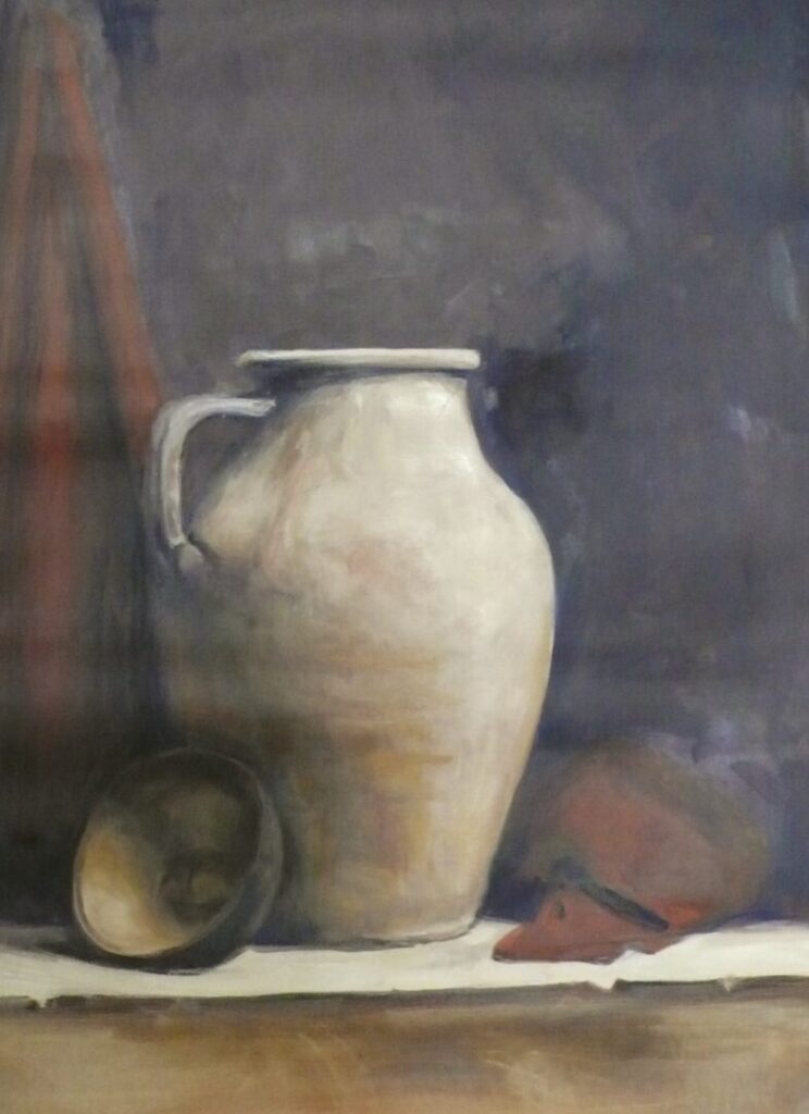 A painting of an old vase and other objects