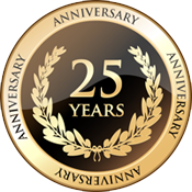 A gold and black 2 5 years anniversary logo