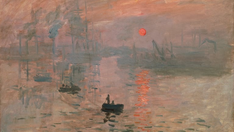 A painting of boats in the water with a sunset.